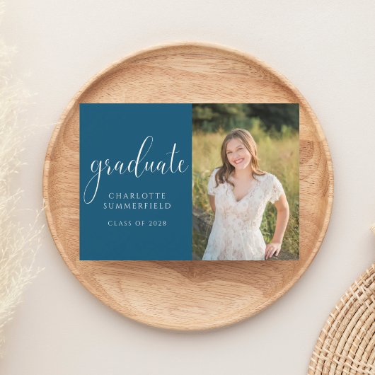Blue Elegant Script Afstuderen Photo Invitation Kaart