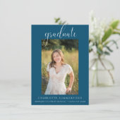 Blue Elegant Script Foto Afstuderen Aankondiging (Staand voorkant)