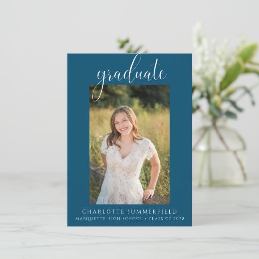 Blue Elegant Script Foto Afstuderen Aankondiging (Staand voorkant)