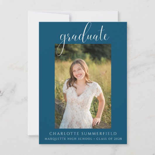 Blue Elegant Script Foto Afstuderen Aankondiging (Voorkant)