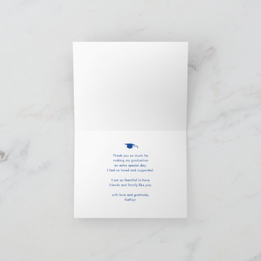Blue Elegant Script Minimalist Photo Afstuderen Bedankkaart (Binnen)