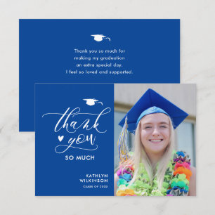 Blue Elegant Script Minimalist Photo Afstuderen Bedankkaart
