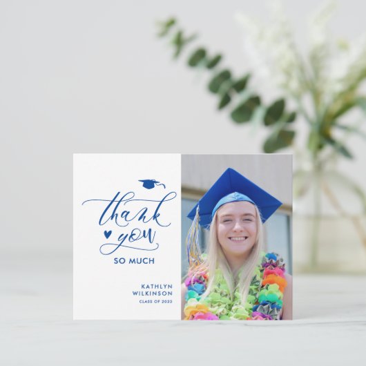 Blue Elegant Script Photo Afstuderen Bedankt Briefkaart (Staand voorkant)