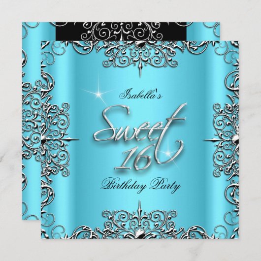 Blue Elegant Sweet Sixteen 16 Birthday Party Kaart (Voorkant / Achterkant)