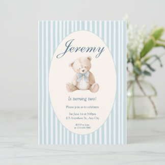 Blue Elegant Teddy Bear Baby's First Birthday Invi Kaart