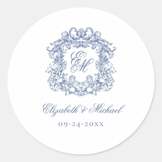 Blue Elegant Vintage Monogram Crest Wedding Ronde Sticker (Voorkant)