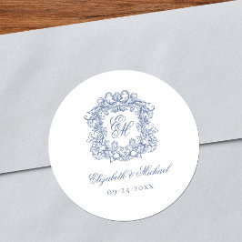 Blue Elegant Vintage Monogram Crest Wedding Ronde Sticker