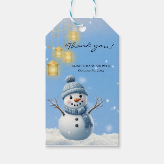 Blue Elegant Whimsical Winter Snowman Baby shower Cadeaulabel (Voorkant)