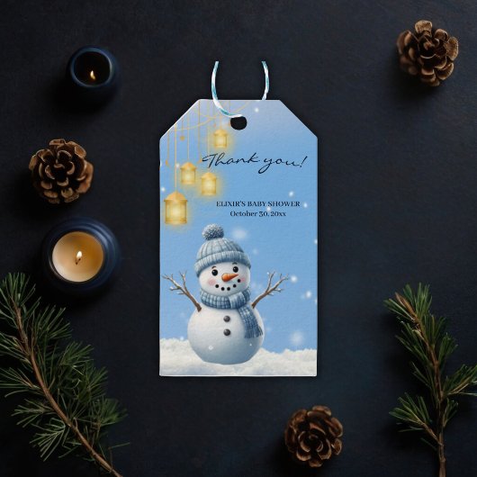Blue Elegant Whimsical Winter Snowman Baby shower Cadeaulabel