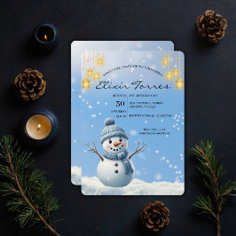 Blue Elegant Whimsical Winter Snowman Baby shower Kaart