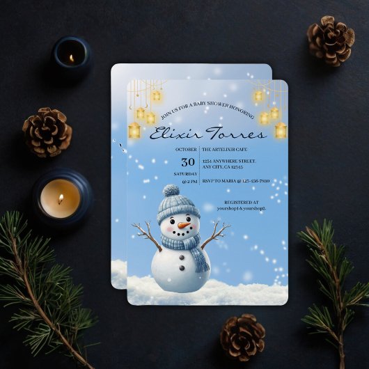 Blue Elegant Whimsical Winter Snowman Baby shower Kaart