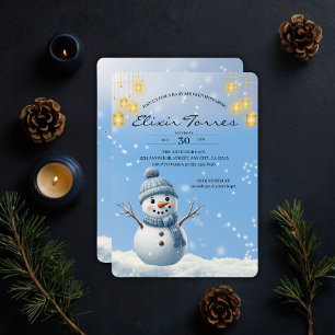 Blue Elegant Whimsical Winter Snowman Baby shower Kaart