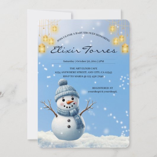 Blue Elegant Whimsical Winter Snowman Baby shower Kaart (Voorkant)