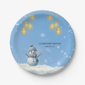 Blue Elegant Whimsical Winter Snowman Baby shower Papieren Bordje (Voorkant)