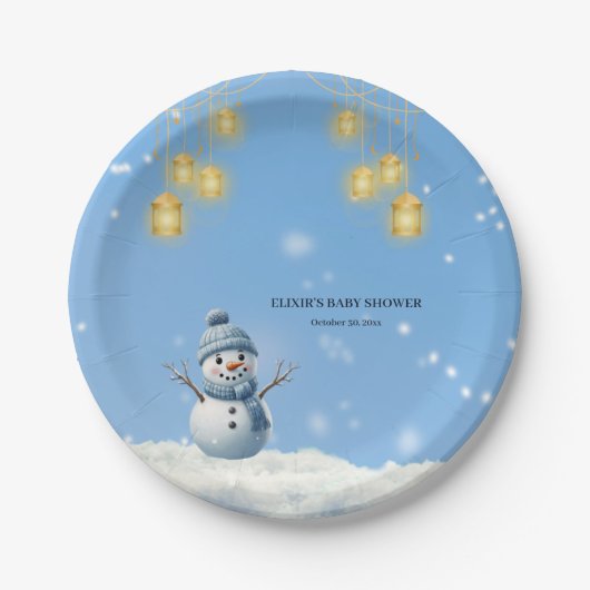 Blue Elegant Whimsical Winter Snowman Baby shower Papieren Bordje (Voorkant)