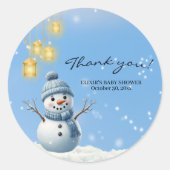 Blue Elegant Whimsical Winter Snowman Baby shower Ronde Sticker (Voorkant)