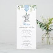 Blue elephant and balloons baby shower menu (Staand voorkant)