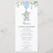 Blue elephant and balloons baby shower menu (Voorkant)