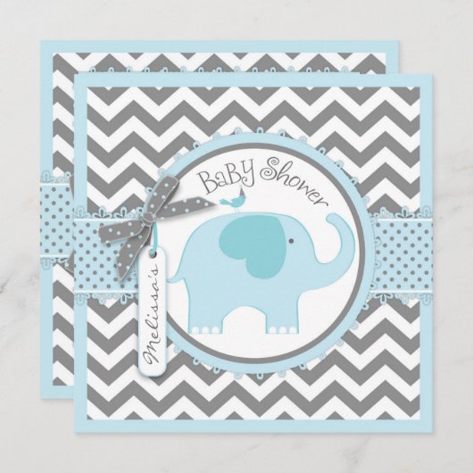 Blue Elephant and Chevron Print Baby shower Kaart (Voorkant / Achterkant)