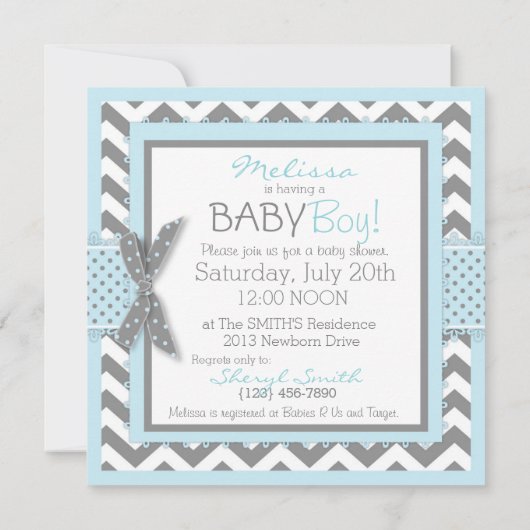 Blue Elephant and Chevron Print Baby shower Kaart (Achterkant)
