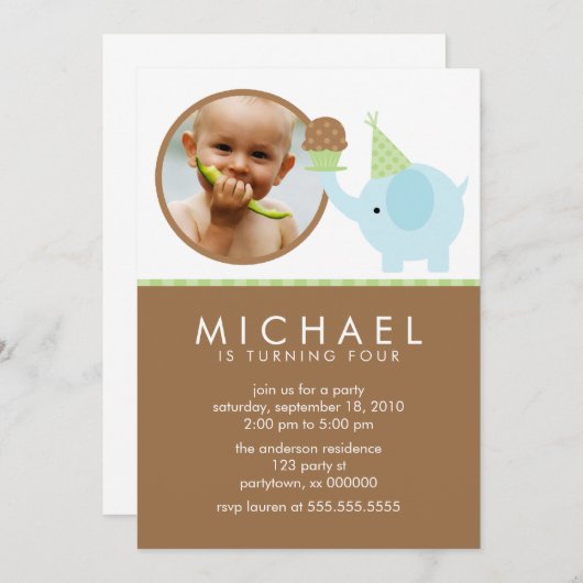 Blue Elephant and Cupcake Birthday Kaart (Voorkant / Achterkant)