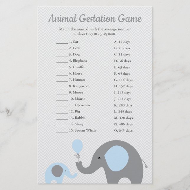 Blue Elephant Animal Gast Match Shower Game (Voorkant)