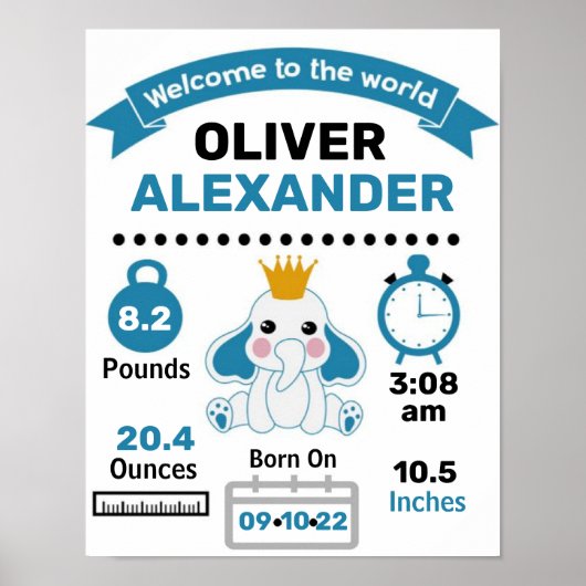 Blue Elephant Baby Birth Statistics Poster (Voorkant)
