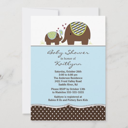 Blue Elephant & Baby Boy Baby shower Invitation Kaart (Voorkant)