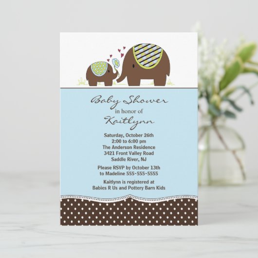 Blue Elephant & Baby Boy Baby shower Invitation Kaart (Staand voorkant)