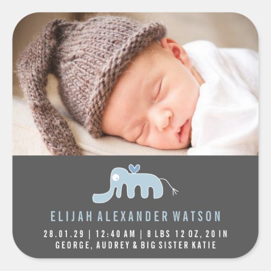 Blue Elephant Baby Boy Birth Announding Sticker (Voorkant)