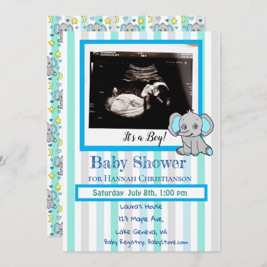 Blue Elephant Baby Boy Echografie Baby shower Kaart (Voorkant / Achterkant)