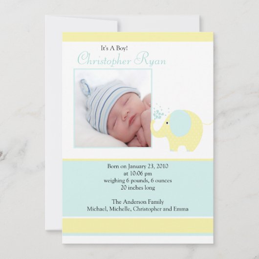Blue Elephant Baby Boy Foto kondiging Kaart (Voorkant)