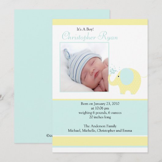 Blue Elephant Baby Boy Foto kondiging Kaart (Voorkant / Achterkant)