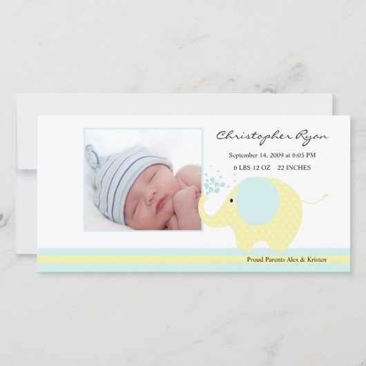 Blue Elephant Baby Boy Geboorteaankondiging Aankondiging (Voorkant)