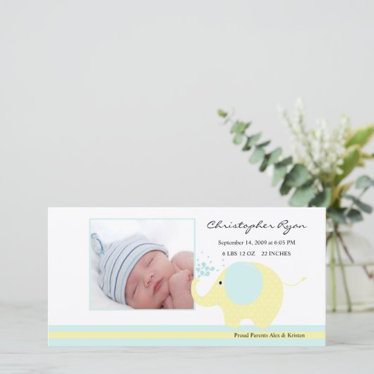Blue Elephant Baby Boy Geboorteaankondiging Aankondiging (Staand voorkant)