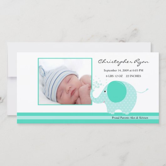 Blue Elephant Baby Boy Geboorteaankondiging Aankondiging (Voorkant)