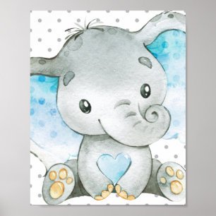 Blue Elephant Baby Boy Nursery Wall Art Gift Poster