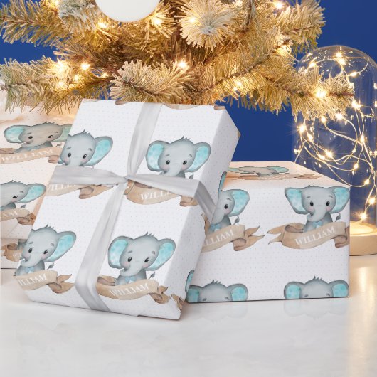 Blue Elephant Baby Boy Pattern Sjabloon Name Cadeaupapier (Feestdagen)