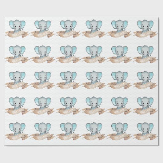 Blue Elephant Baby Boy Pattern Sjabloon Name Cadeaupapier (Vlak)