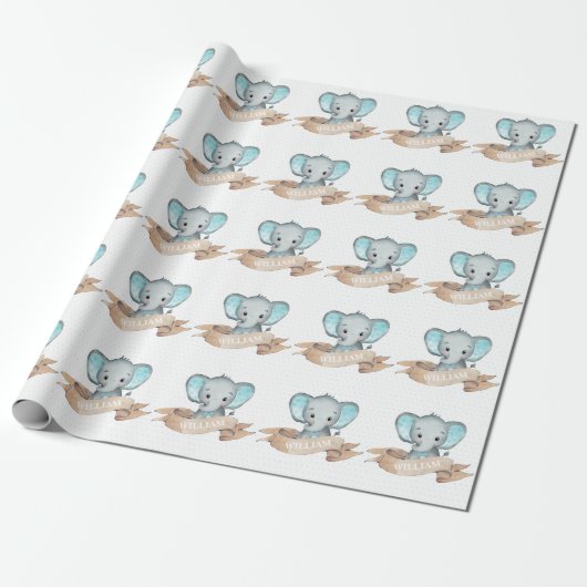 Blue Elephant Baby Boy Pattern Sjabloon Name Cadeaupapier (Uitgerold)