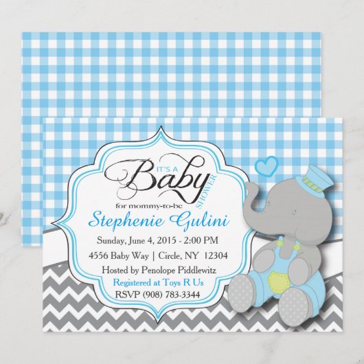 Blue Elephant Baby Boy Shower Uitnodigen Kaart (Voorkant / Achterkant)