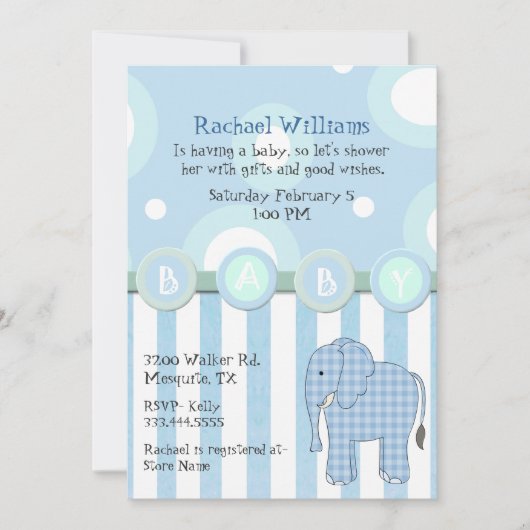 Blue Elephant Baby Boy Shower Uitnodiging (Voorkant)
