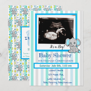 Blue Elephant Baby Boy Ultrasound Baby shower Kaart