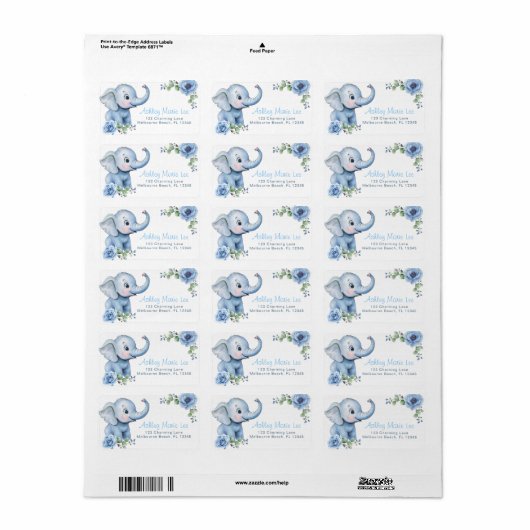 Blue Elephant Baby shower Adreslabel – Elegant Etiket (Full Sheet)