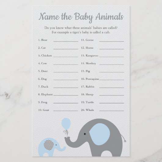 Blue Elephant Baby shower Baby baby Name Game Flyer (Voorkant)