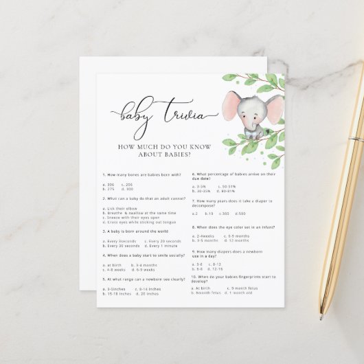 Blue Elephant Baby shower Baby Trivia Game (Voorkant / Achterkant in situ)
