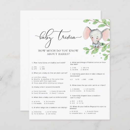 Blue Elephant Baby shower Baby Trivia Game (Voorkant / Achterkant)