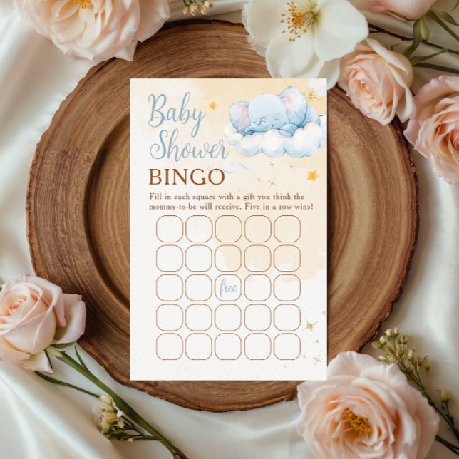 Blue Elephant Baby Shower Bingo Game Card Cloud  (Creator heeft geüpload)