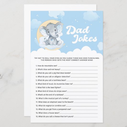 Blue Elephant Baby shower Dad Jokes Game (Voorkant / Achterkant)