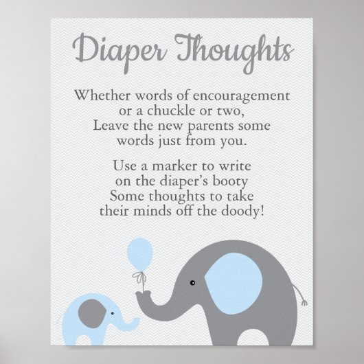 Blue Elephant Baby shower Diaper Thoughts Sign Poster (Voorkant)